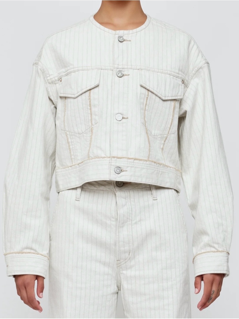 Moussy Cream Pinstripe Cropped Jean Jacket